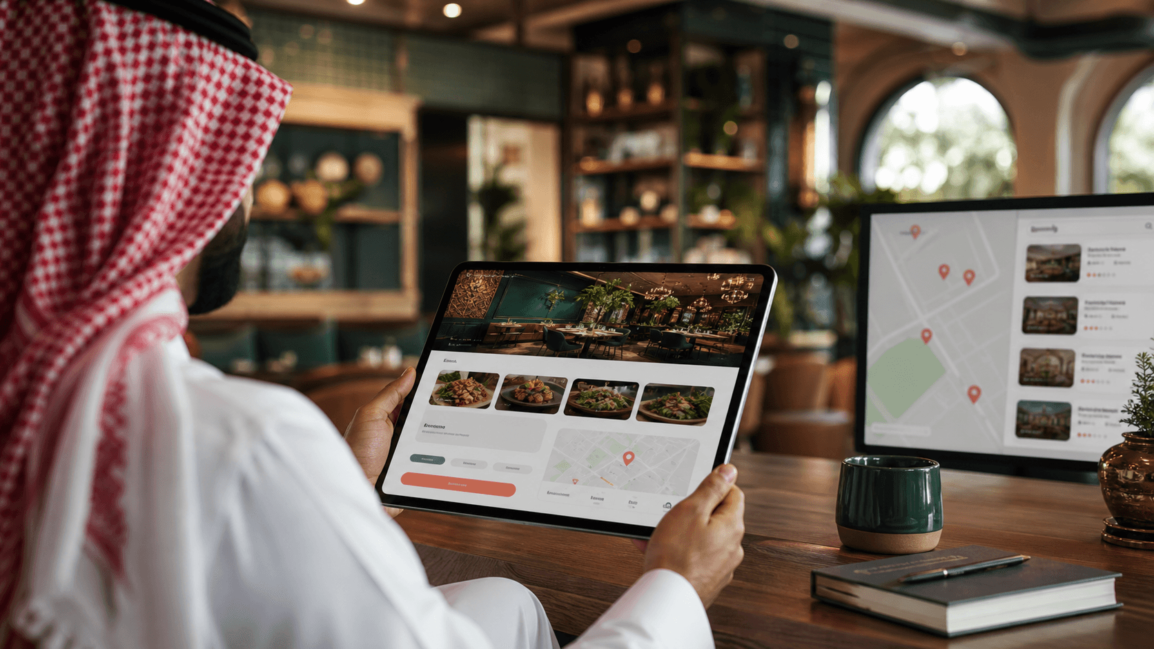 مالك مطعم يتابع صفحة تعريفية وفروع على خريطة ضمن واجهة